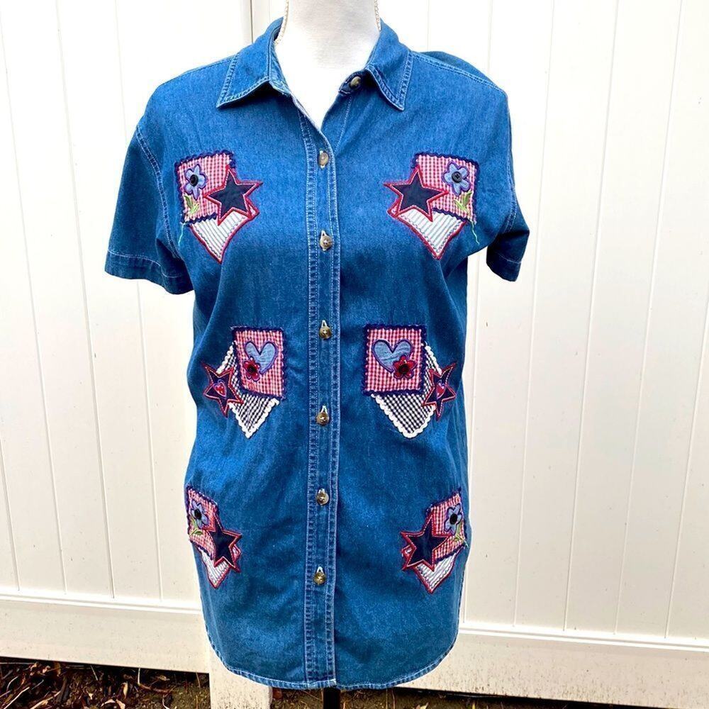 Cabin Creek Medium Blue Denim Embroidered Shirt gingham stars flowers Small